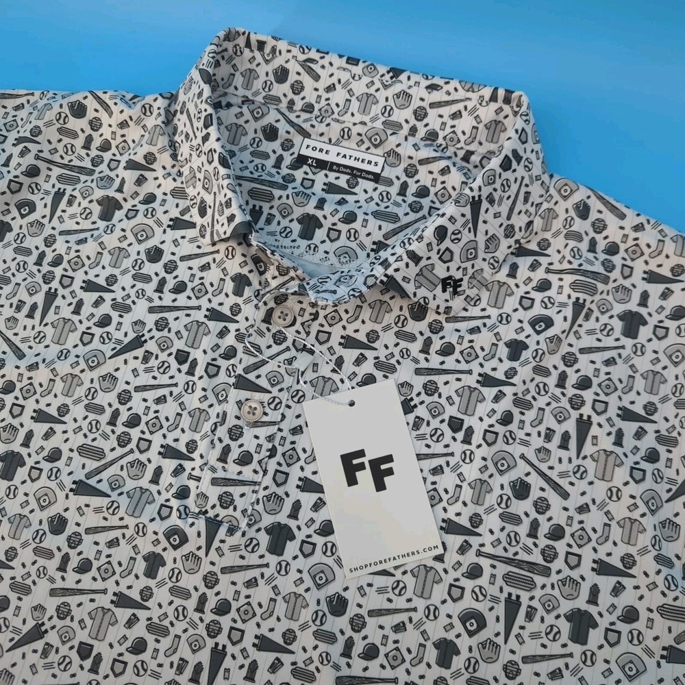 Fore Fathers Polo Mens XL Dad's Baseball AOP Shirt Golf Performance Stretch NWT